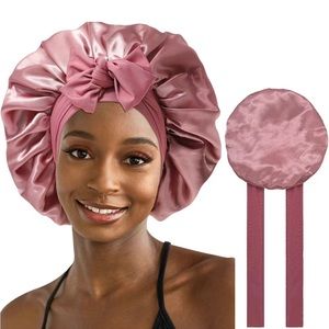 Double-sided Pink Satin Bonnet/ Hair Cap w/Elastic & Tie Band